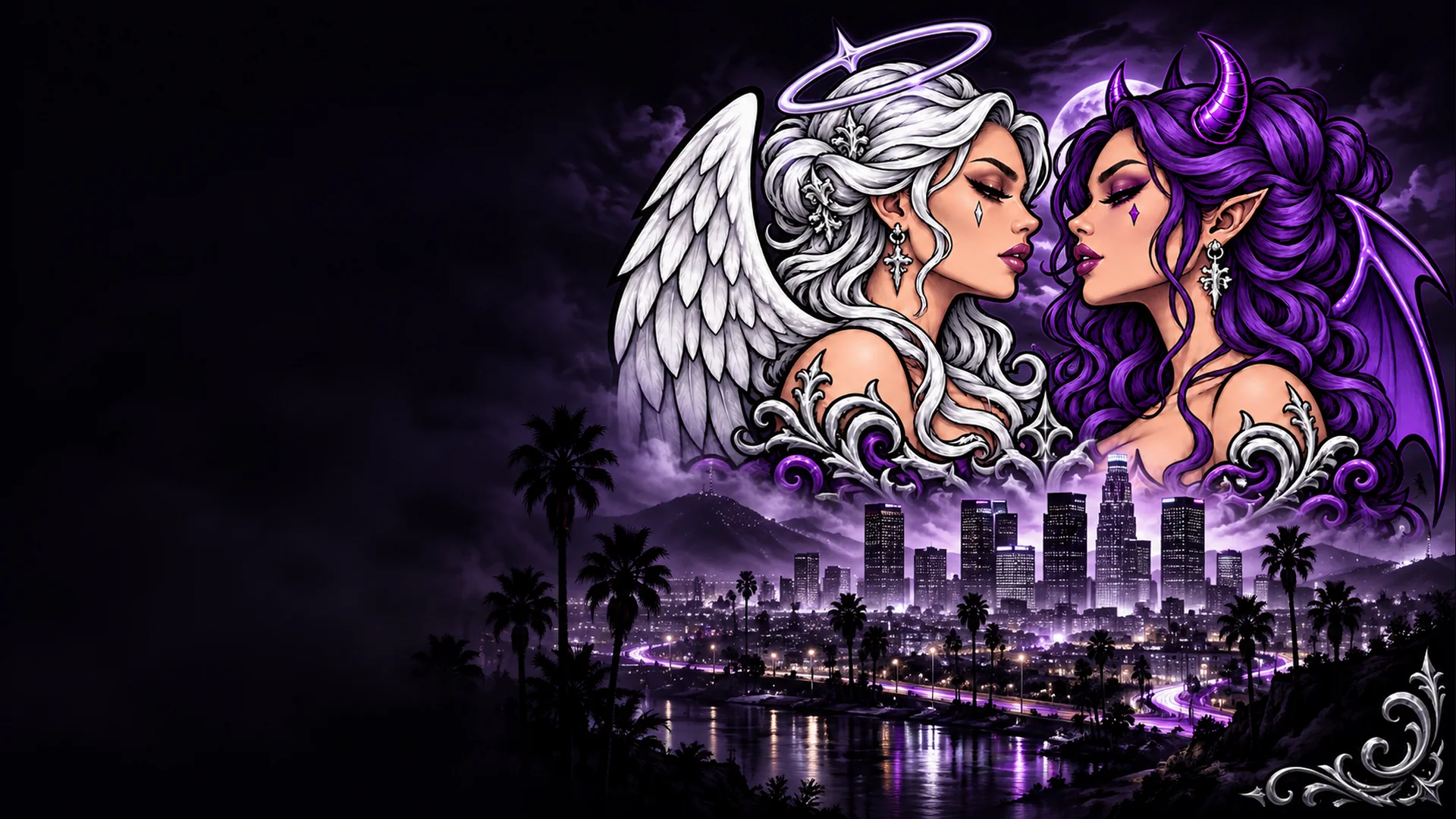 Un ángel y una diabla de Infieles RP frente a una ciudad nocturna